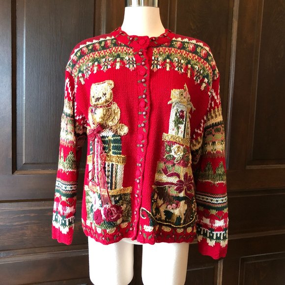 Tiara Sweaters - Vintage Tiara Petites Size PM Red Cardigan Sweater 2000 Teddy Bear Fair Isle